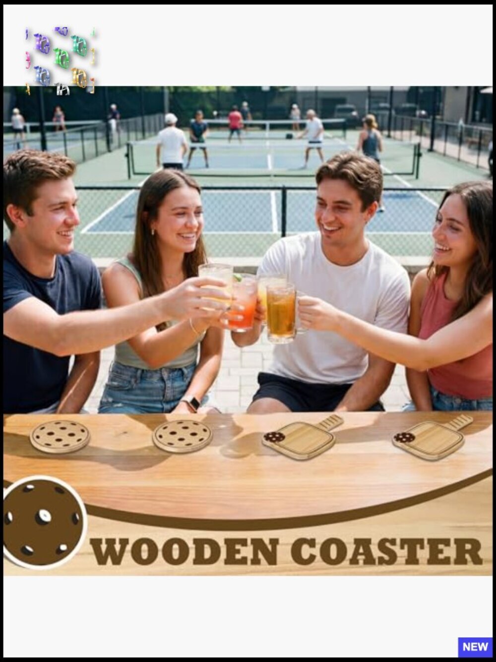6 Pack Wooden Drink Coasters Set Paddle Ball Shape Funny Gift for Sports Lovers - Picture 6 of 7